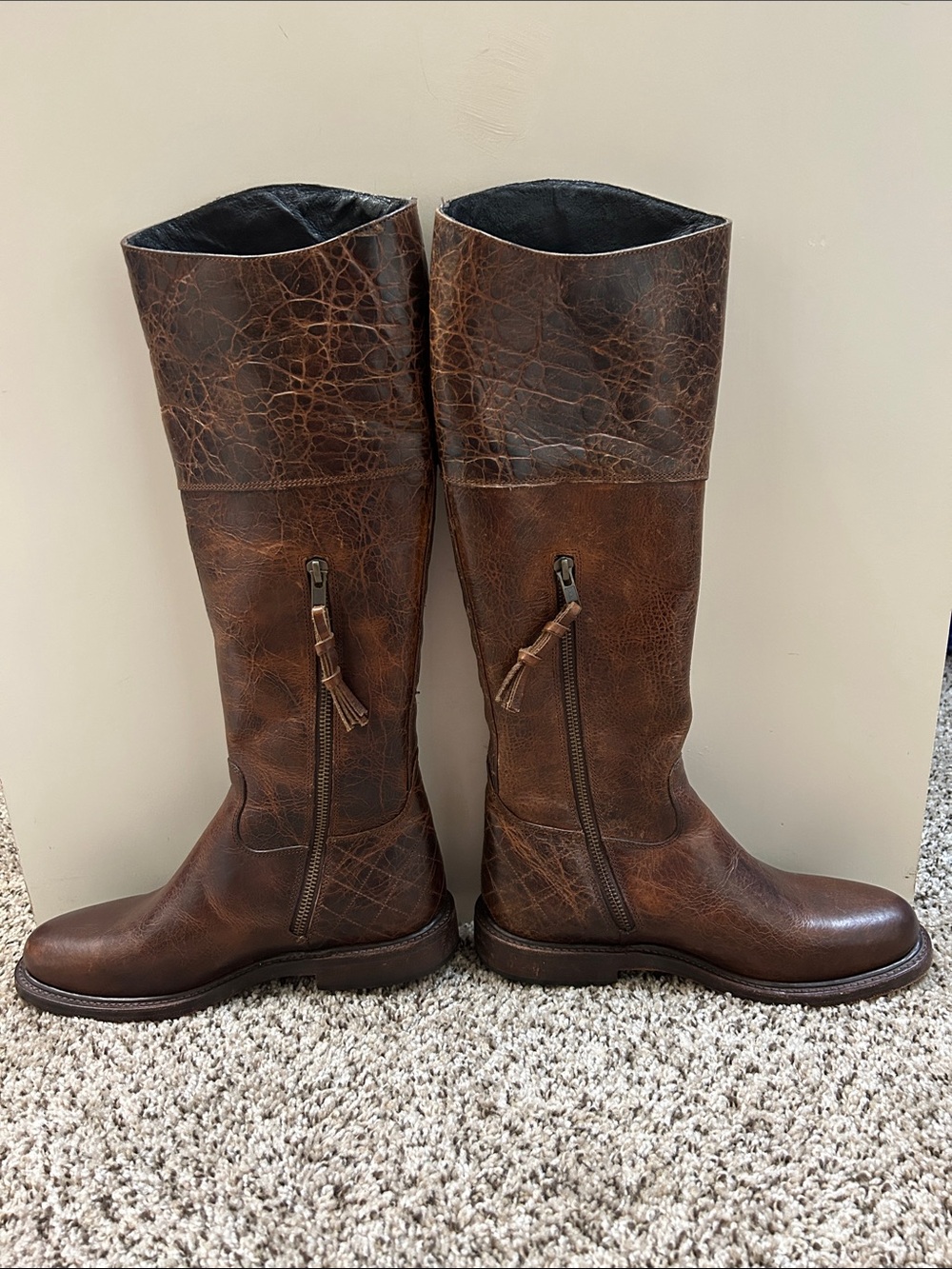 Lucchese Distressed Brown Leather Tall Zip Riding Boots - Picture 8 of 11
